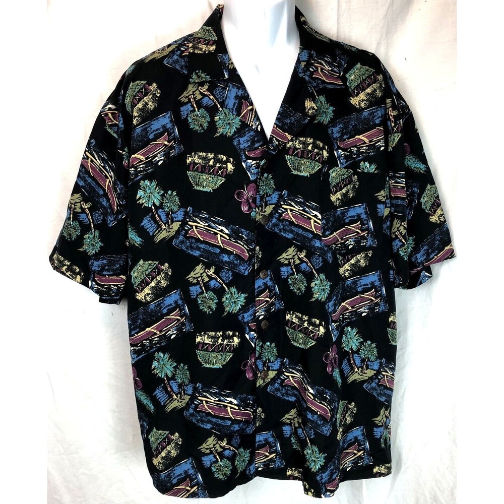 Vintage Montage Hawaiian Shirt XL Black tropical button Up Tiki Beach Boats Surf